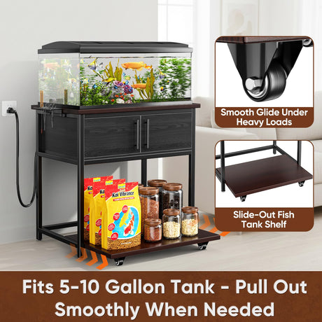 20-29 Gallon Fish Tank Stand with Power Outlet and Storage Cabinet,Aquarium Stand with Slide-Out Fish Tank Shelf,Heavy Duty Metal Frame and Waterproof Wood,31.5" L x 15.7" W 770LBS Capacity POKIPO
