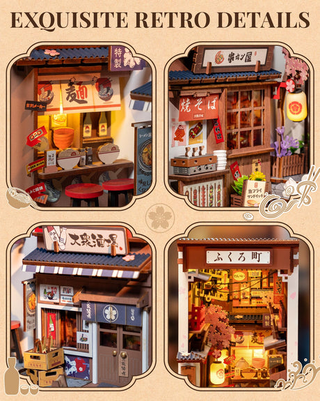 ROBOTIME Book Nook Kit DIY Miniature House Kit for Adults 3D Wooden Puzzle Bookends Bookshelf Diorama Insert Dollhouse Creative Decorative Unique Gifts for Teens and Beginners (Sakura Wine Alley) ROBOTIME