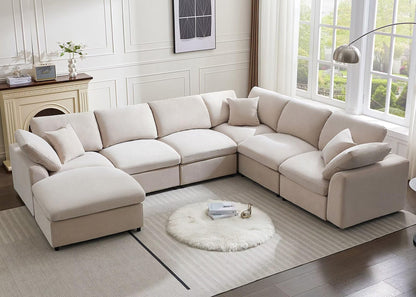 Siiejia Modular Sectional Sofa Modern Oversized Chenille Cloud Couch with Movable Ottoman 7 Seater L-Shaped Sofas Comfy Couches for Living Room Spacious Space Office Lounge, Beige