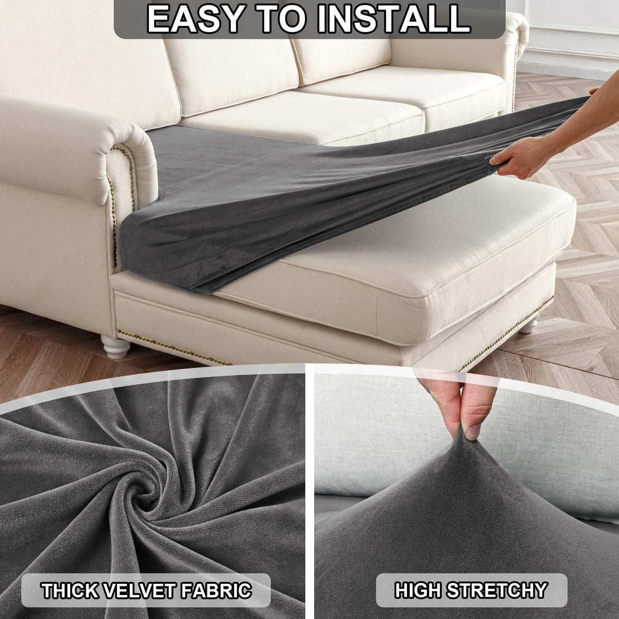 NAISI Waterproof Couch Cushion Covers Thick Velvet Fabric Washable Sofa Slipcovers Sectional Couch Covers for 4 Pieces Separate L Shape Couch Cover with Elastic Bottom(3 Seater + 1 Chaise,Grey) NAISI