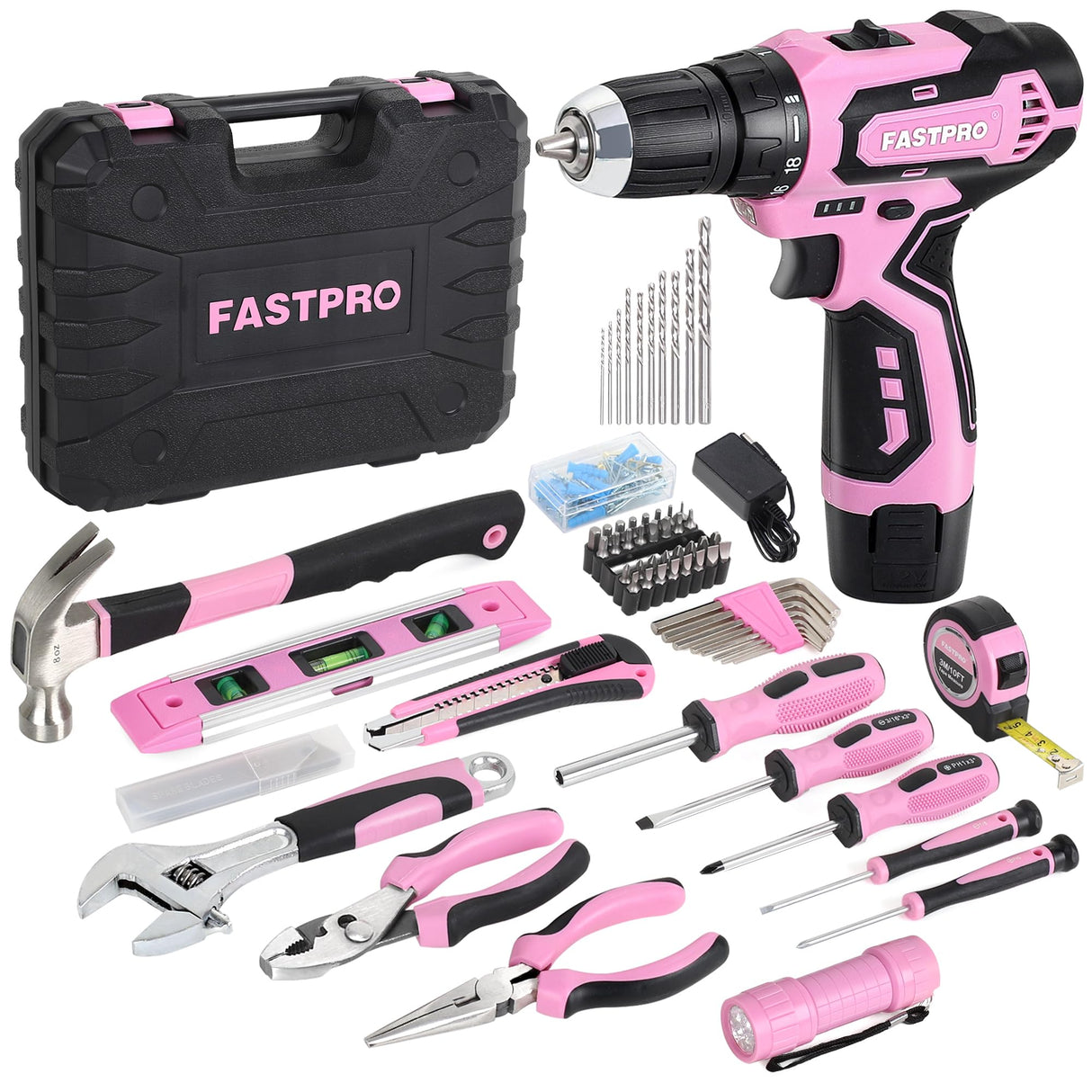 FASTPRO 160-Piece Pink Tool Set with 12V Cordless Lithium-ion Drill Driver, Lady's Home Repairing Tool Kit with Drill in Storage Case, For DIY, Home Maintenance. FASTPRO