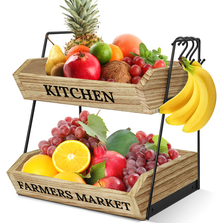 Esbainia Fruit Basket for Kitchen Countertop, 2 Tier Fruit Bowl with 3 Banana Hangers, Large Capacity Fruit Stand Storage Holder, Wooden Basket for Fruit Vegetables Snack, Kitchen Organizer Decor Esbainia