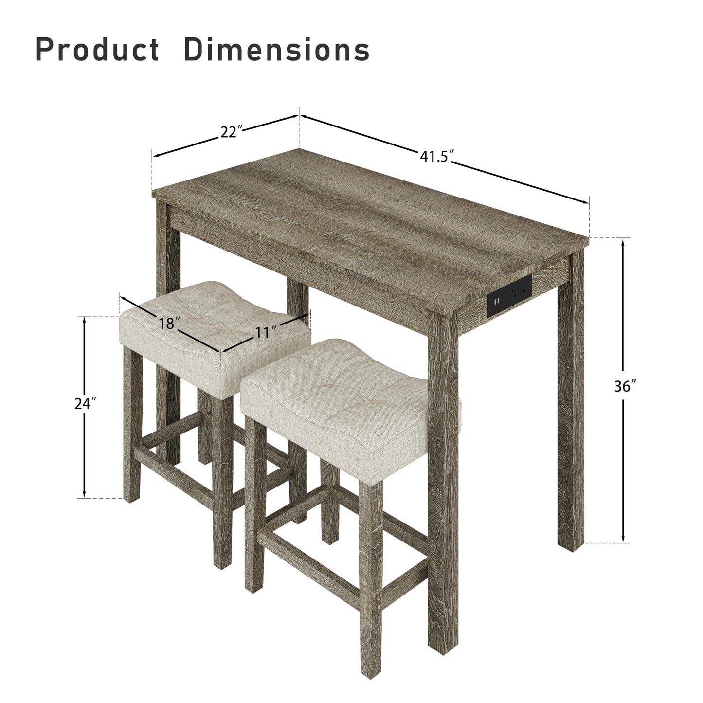 allamazing 3-Piece Counter Height Bar Table Set with Socket and 2 Fabric Padded Bar Stools, Tall Kitchen Breakfast Dining Table Set with Stools (Natural)