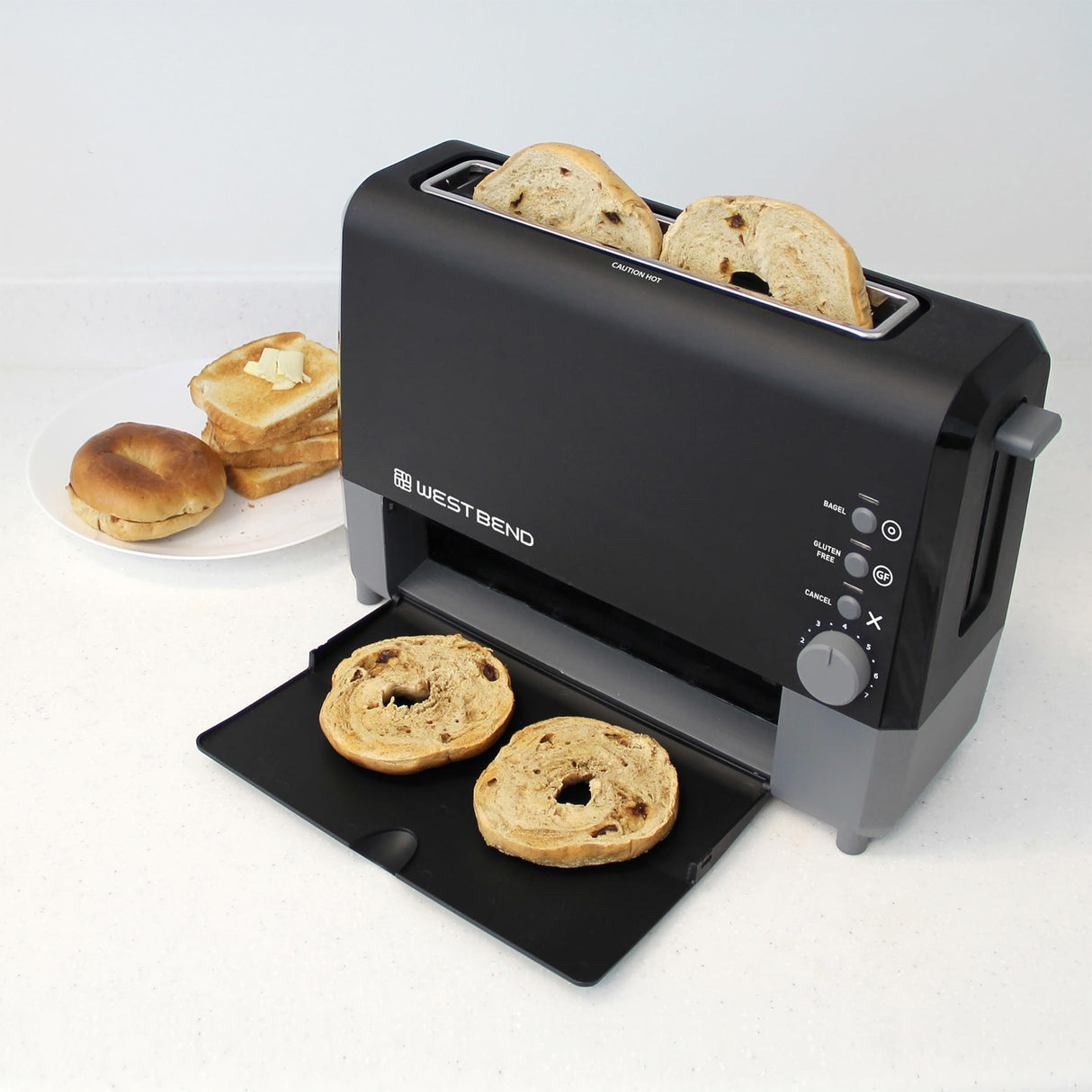 West Bend 77224 Toaster 2 Slice QuikServe Wide Slot Slide Through with Bagel and Gluten-Free Settings and Cool Touch Exterior Includes Removable Serving Tray, Black West Bend