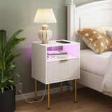Modern Nightstand with Charging Station and LED Lights, White Bedside Table with Drawer, Fluted Side Table for Living Room, Bedroom JOONEE
