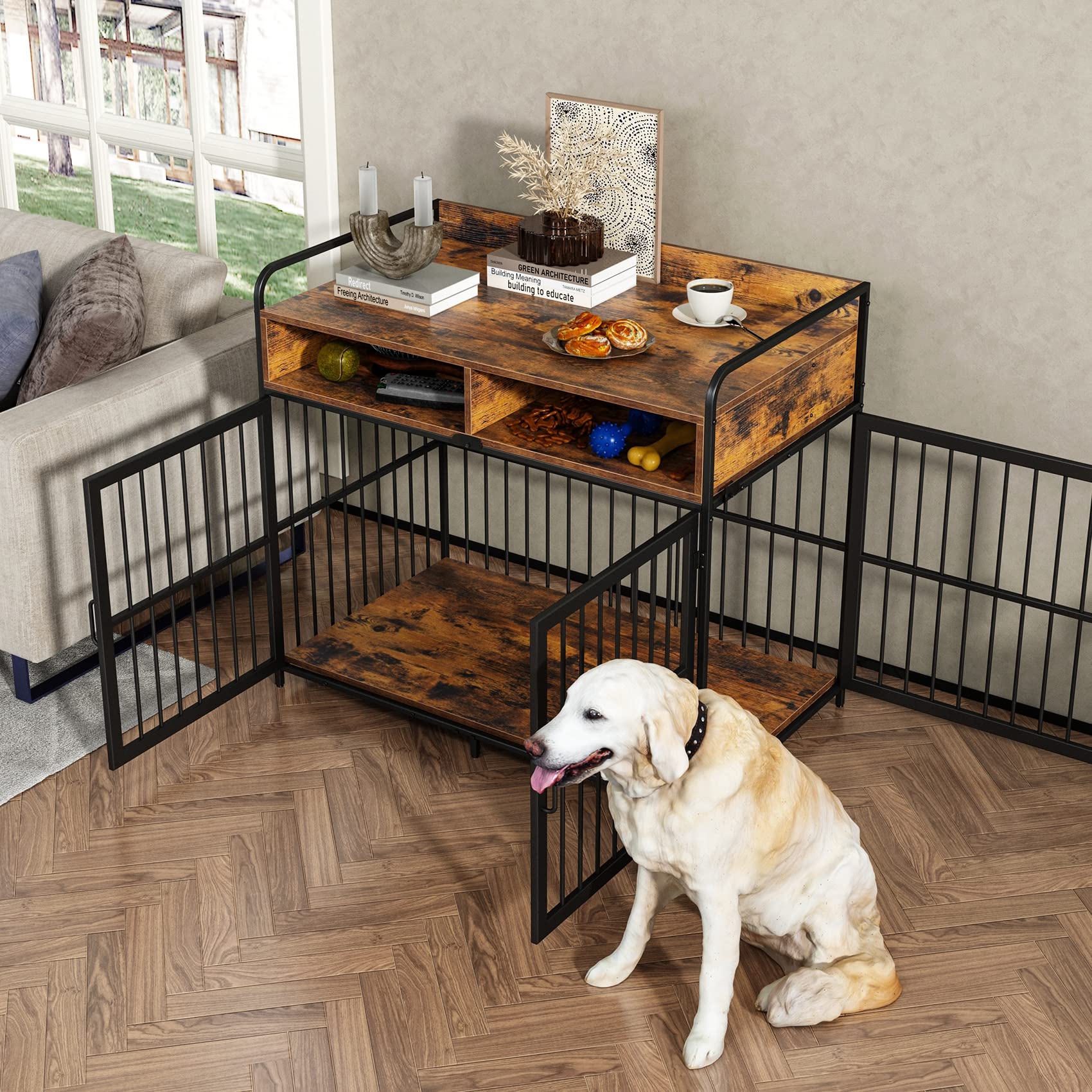 Saudism Large Dog Crate Furniture, Dog Kennel Indoor, Wood Dog Cage Table with Drawers Storage, Heavy Duty Dog Crate, Jaula para Perros, Sturdy Metal, 40.5" L×23.6" W×35.4" H - WoodArtSupply