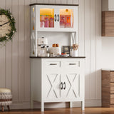 IRONCK 71" Kitchen Pantry Cabinet with LED Lights and Power Outlets, Farmhouse Kitchen Hutch Cabinet with Microwave Stand, Tall Cupboard Kitchen Cabinet with Countertop for Kitchen, White IRONCK