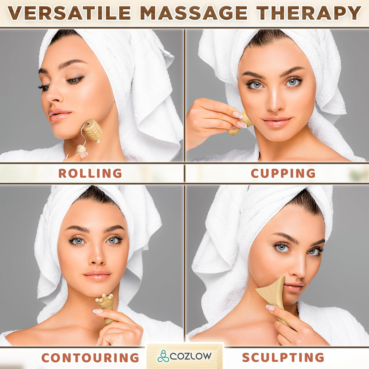 COZLOW Wood Therapy Facial Massage Tools (7 Piece Set), Gua Sha Wooden Face Massager Kit for Face Lifting, Lymphatic Drainage, Skin Care & Anti-Aging COZLOW