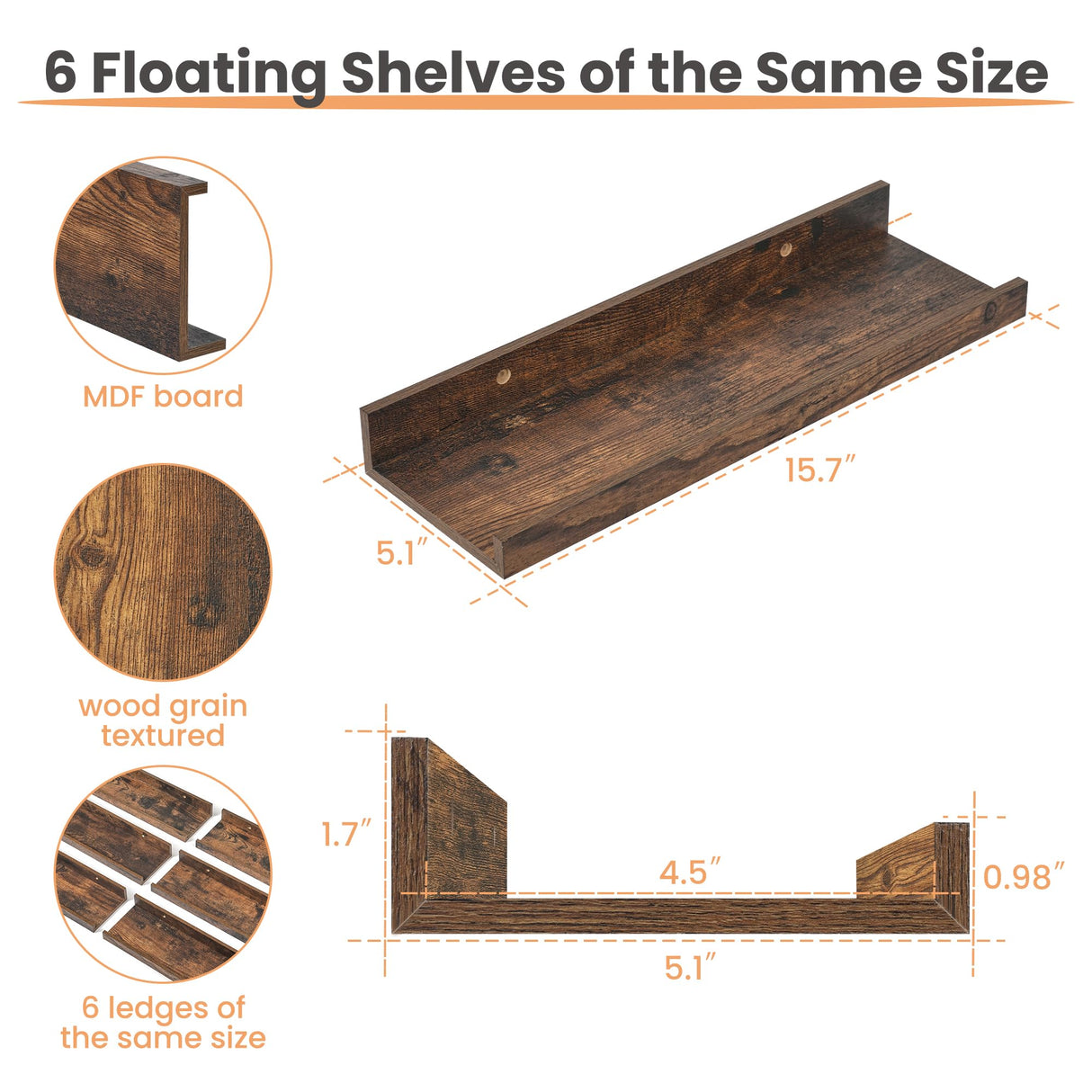upsimples Floating Shelves for Wall, Wood Mounted Shelf Decor Storage Set of 6, for Bedroom, Living Room, Bathroom, Kitchen, Picture Ledge, Brown upsimples