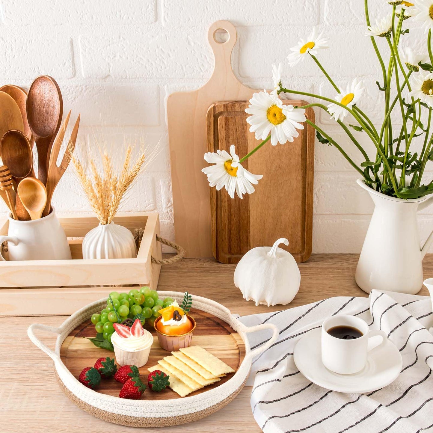 DoubleFill 2 Set Round Wicker Trays Wicker Serving Tray with Wooden Plate 2 Woven Baskets with Handles and 2 Removable Acacia Wood Plate Boho Farmhouse Multipurpose Wicker Basket for Table Decor