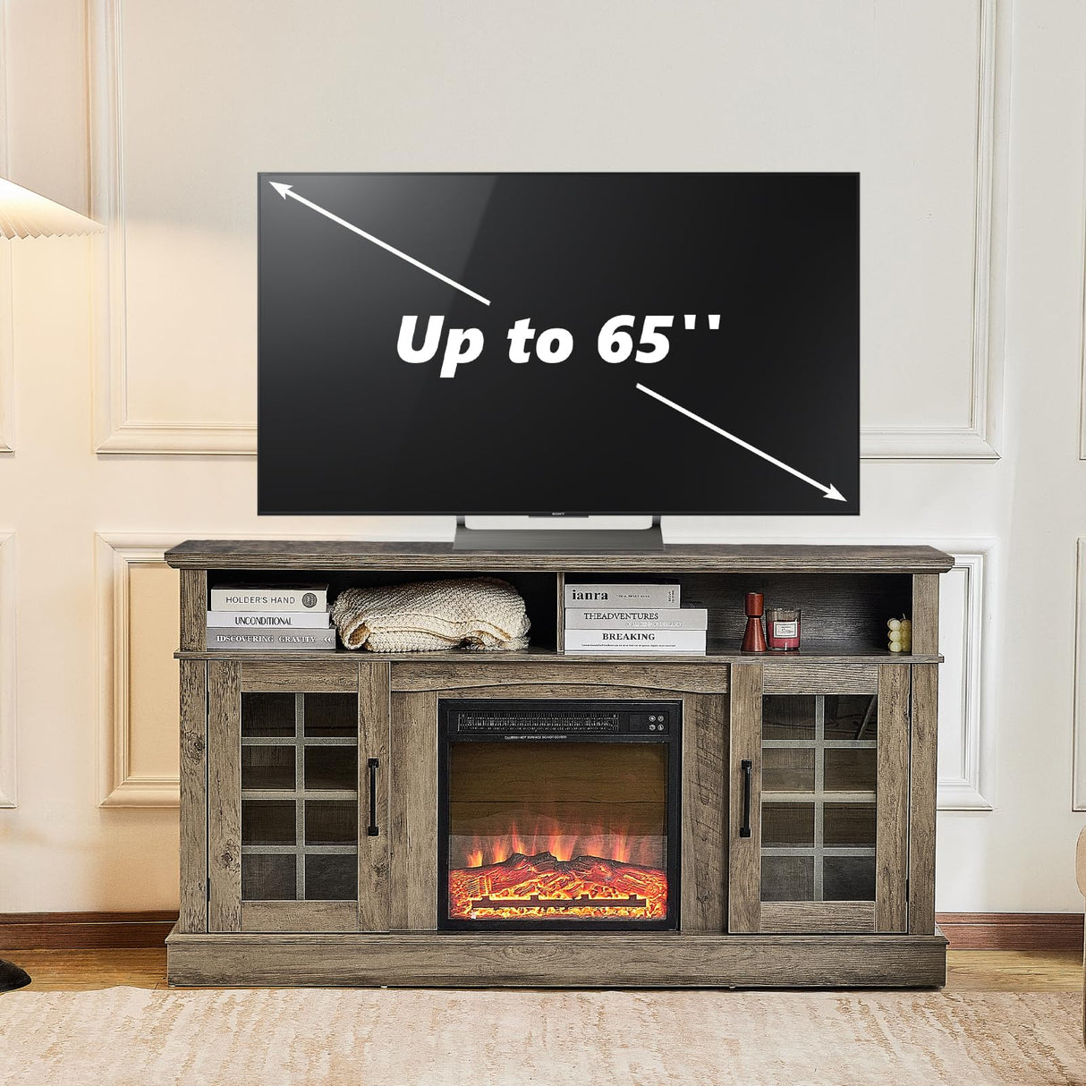Redlife TV Stand with Fireplace for 65 Inch TV, Fireplace TV Stand, Farmhouse Entertainment Center with Fireplace, Media Console with Fireplace, TV Cabinet with Charging for Living Room (Brown) Redlifeᅟᅠ