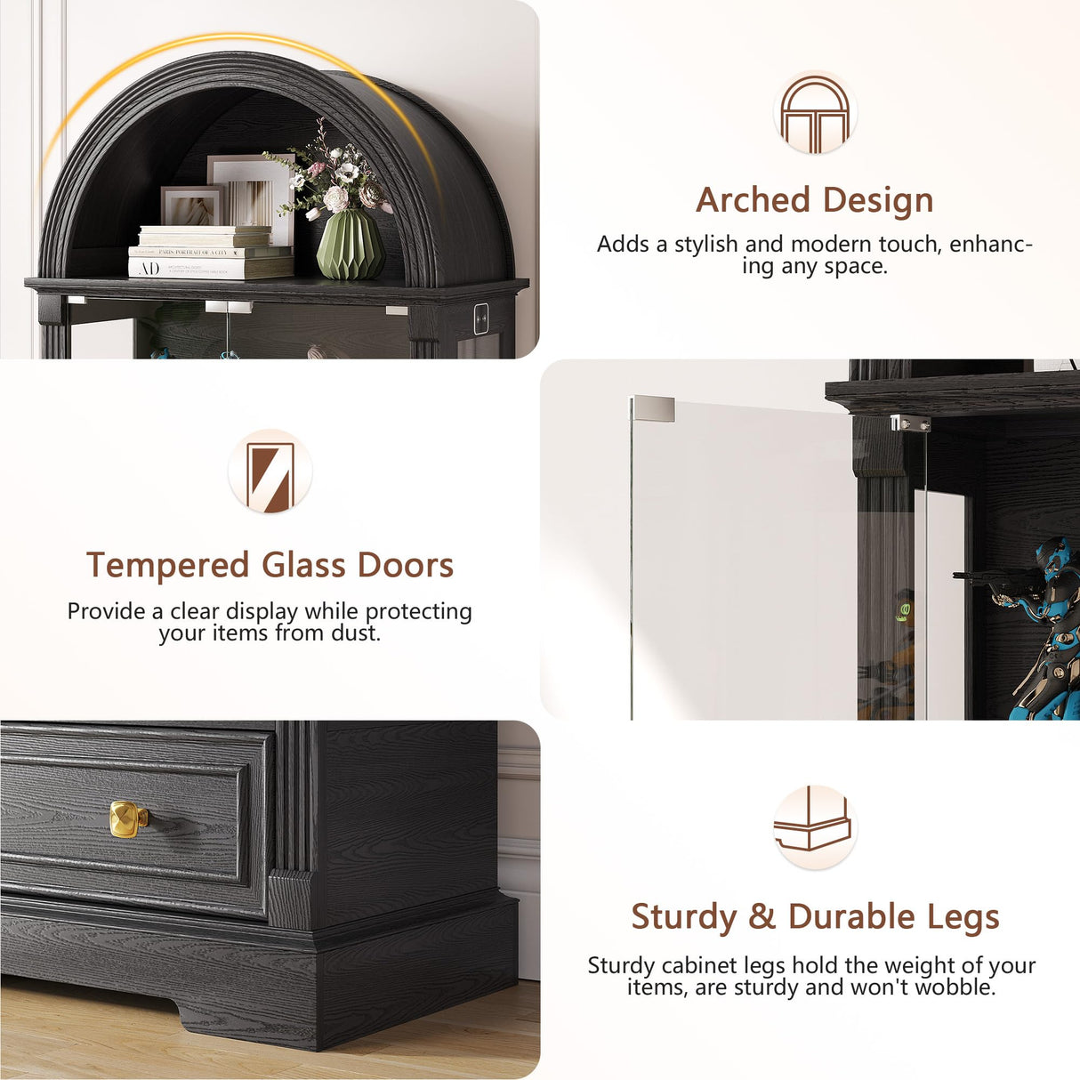 Black Curio Cabinet with Glass Doors, 72" Tall Arched Display Cabinet with Human Sensor Lights, 4-Tier Display Case for Collectibles Bookcase Living Room Dystler
