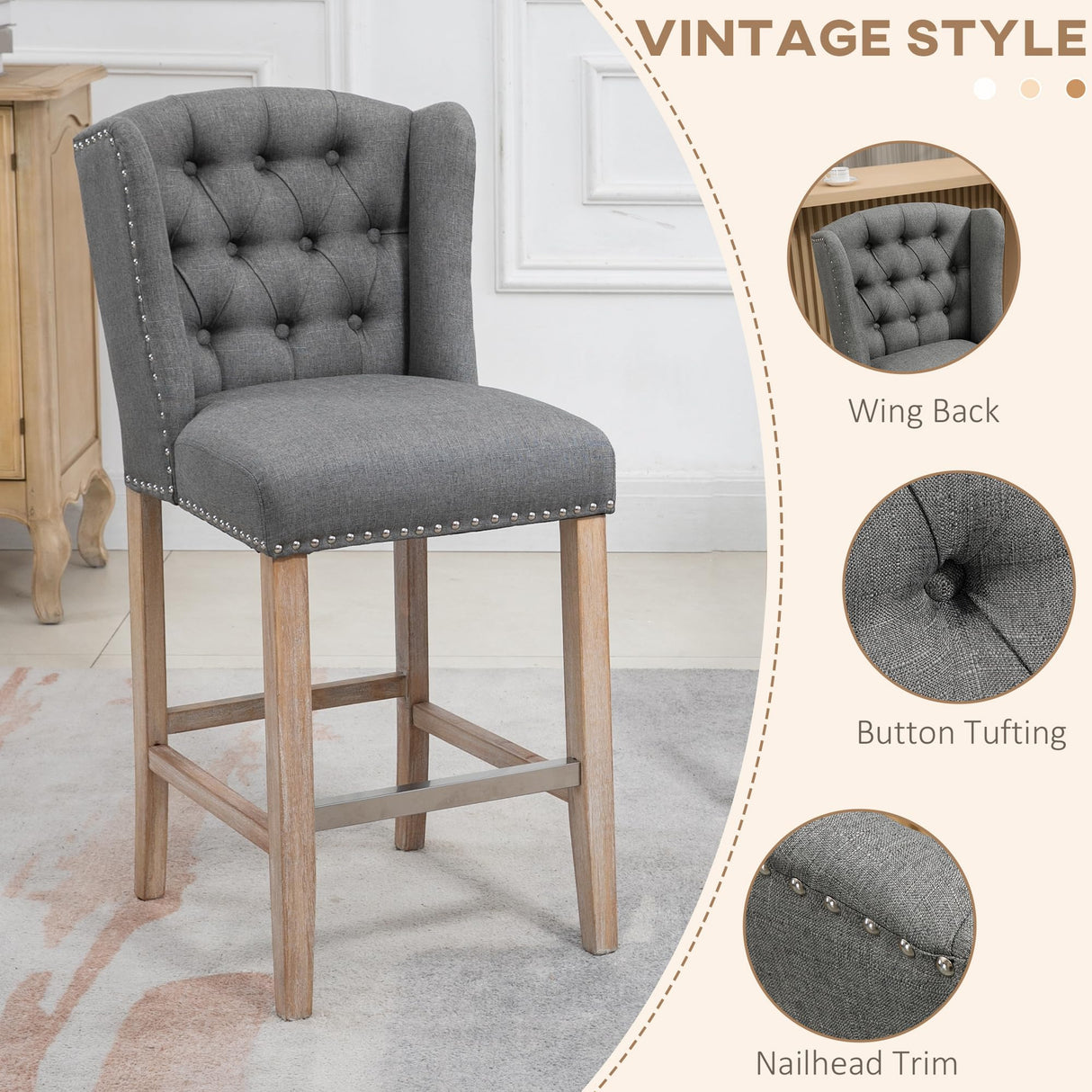 HOMCOM Counter Height Bar Stools Set of 2, 27" Seat Height Upholstered Barstools, Farmhouse Kitchen Island Stools with Nailhead-Trim, Tufted Back and Wooden Legs, Light Gray HOMCOM