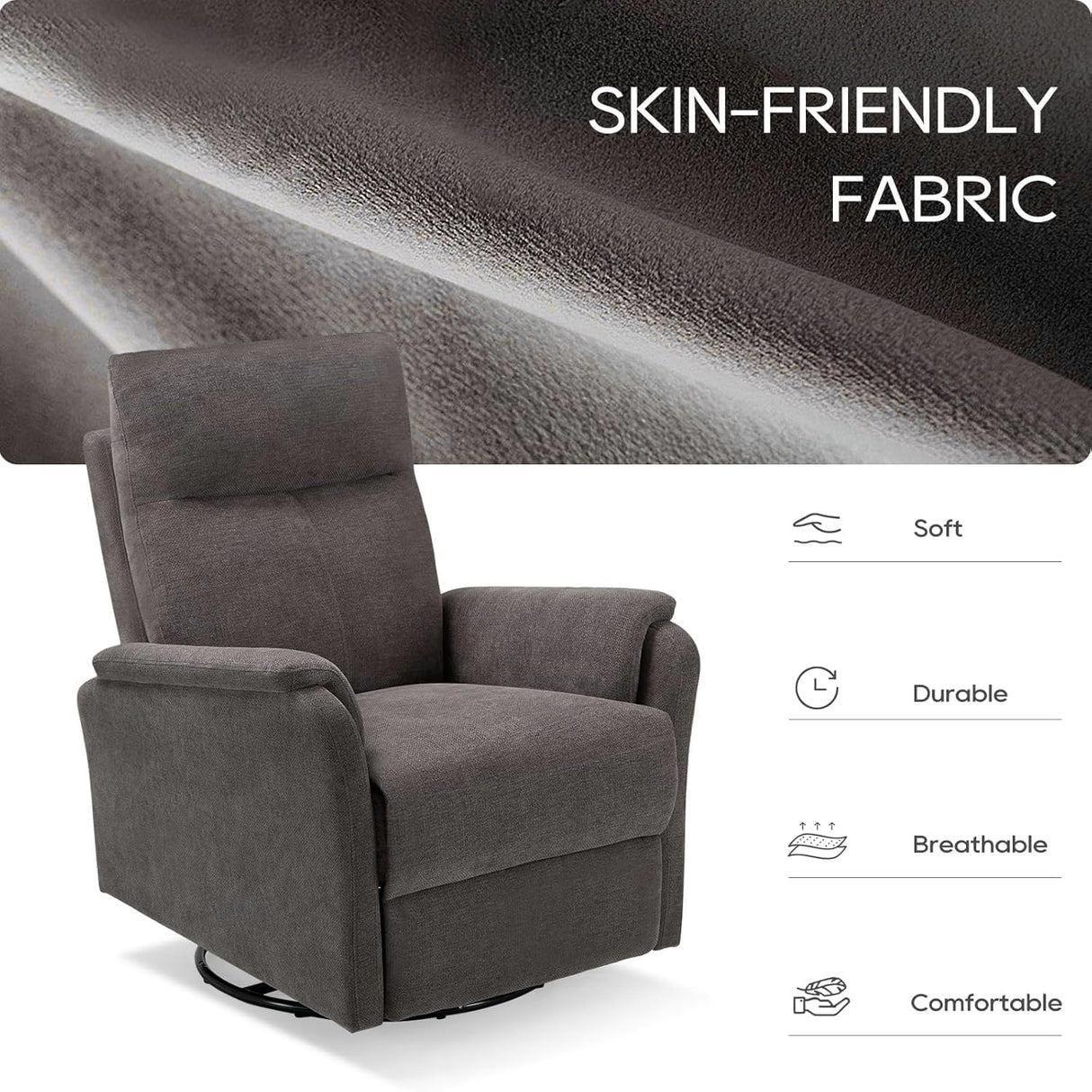 COLAMY Swivel Recliner Chair with Footrest, Strong Glide Chair High Back with Double-Layer Cushion, Rocker Recliner for Nursery & Living Room, Bedroom, Charcoal COLAMY