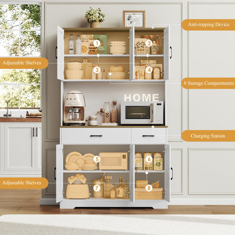 HOSTACK 71" Pantry Cabinet with Charging Station, Tall Kitchen Pantry Storage Cabinet with Microwave Stand, Farmhouse Kitchen Hutch Cabinet with Storage Drawers for Living Room, Dining Room, White HOSTACK