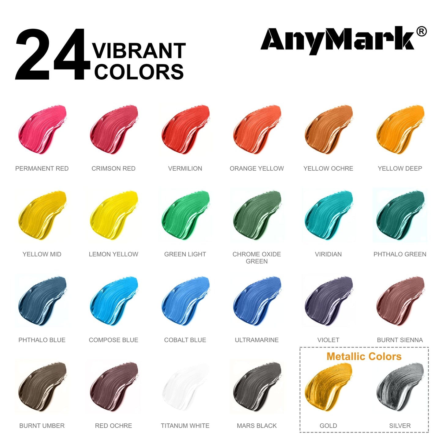 AnyMark Acrylic Paint, 24 Colors Acrylic Paint Set, 2 fl oz/60ml Bottles, Non Toxic Art kit Painting Supplies for Kids Adults Canvas,Rock,Wood - WoodArtSupply