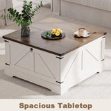 ChooChoo Farmhouse Coffee Table with Hidden Storage, Large Square Center Coffee Table with Lifting Top and Flip Drawer, Wood Rustic Cocktail Coffee Table for Living Room, Soft White ChooChoo