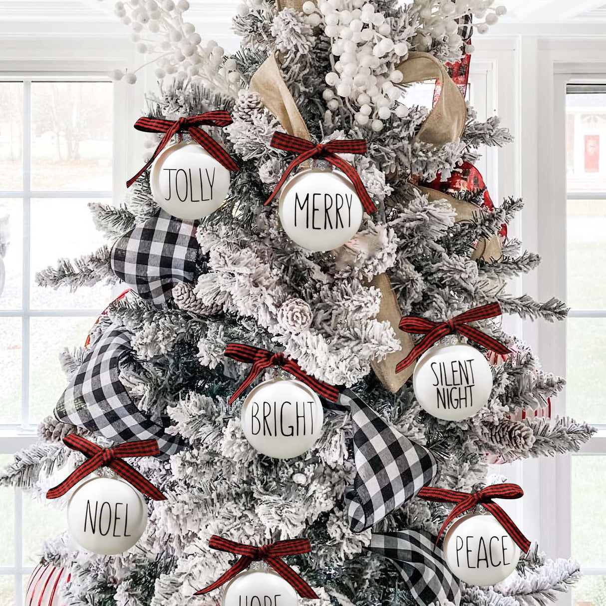 Christmas Ornaments - Set of 12 Shatterproof White Bulbs Adorned with Buffalo Plaid Bows - Rustic Farmhouse Christmas Tree Decorations for Xmas Tree Decor ORIENTAL CHERRY