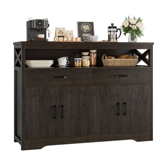 HOSTACK 47" Modern Farmhouse Sideboard Buffet Cabinet, Wood Buffet Storage Cabinet with Drawers & Shelves, Large Coffee Bar Cabinet with Storage, Microwave Stand for Kitchen, Dining Room, Dar - WoodArtSupply