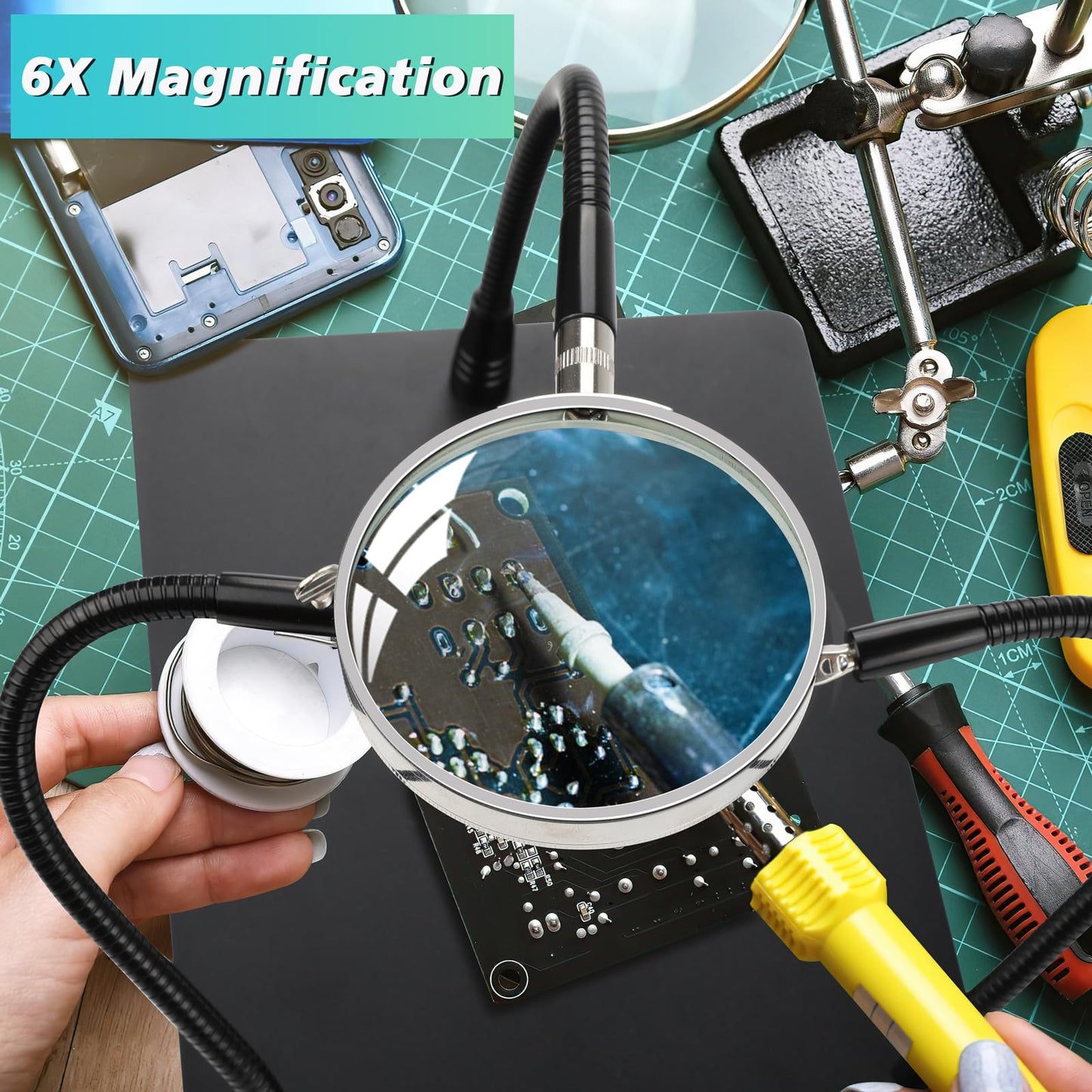 Helping Hands Soldering Station with 6X Magnifying Glass, Magnifier with 2 Adjustable Arms Solder Helping Hands, Soldering Holder Third Hand Tool for Electronic Repair Soldering Crafts Jewelry DIY