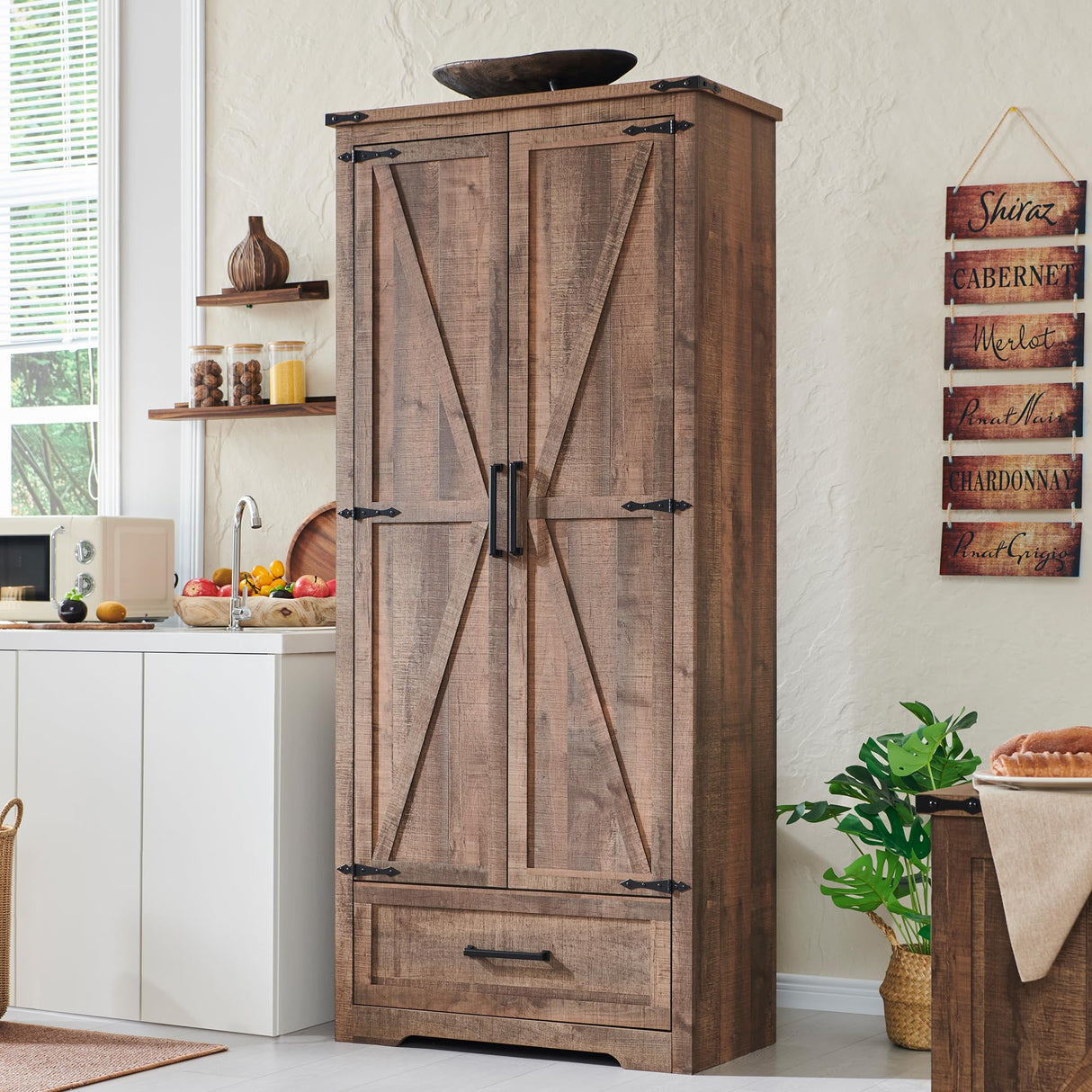 Farmhouse Kitchen Pantry Cabinet - 72" Tall Wood Kitchen Storage Cabinets with Adjustable Shelves & 2 Barn Doors & Drawer, Versatile Storage for Dining Room, Bathroom, Utility Room, Light Brown JXQTLINGMU