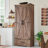 Farmhouse Kitchen Pantry Cabinet - 72" Tall Wood Kitchen Storage Cabinets with Adjustable Shelves & 2 Barn Doors & Drawer, Versatile Storage for Dining Room, Bathroom, Utility Room, Light Brown JXQTLINGMU