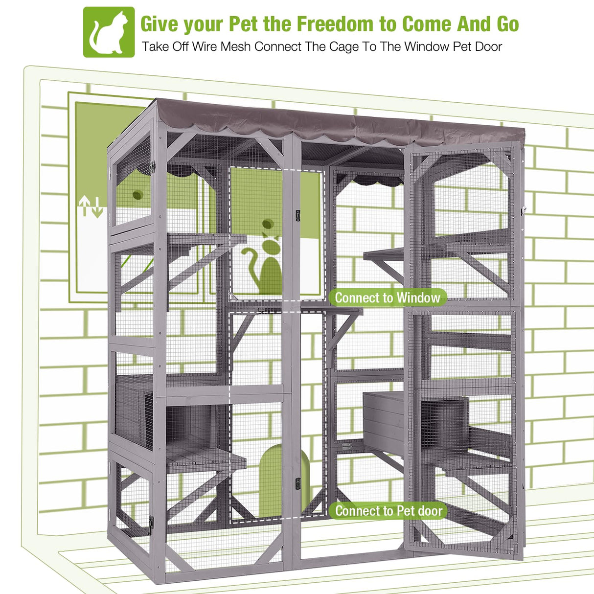 GUTINNEEN Catio Outdoor Cat Enclosure Large Walk in Window Cat House for Mulitiple Cats with 7 Platforms and 2 Resting Box,Tarp Roof,71 inch GUTINNEEN