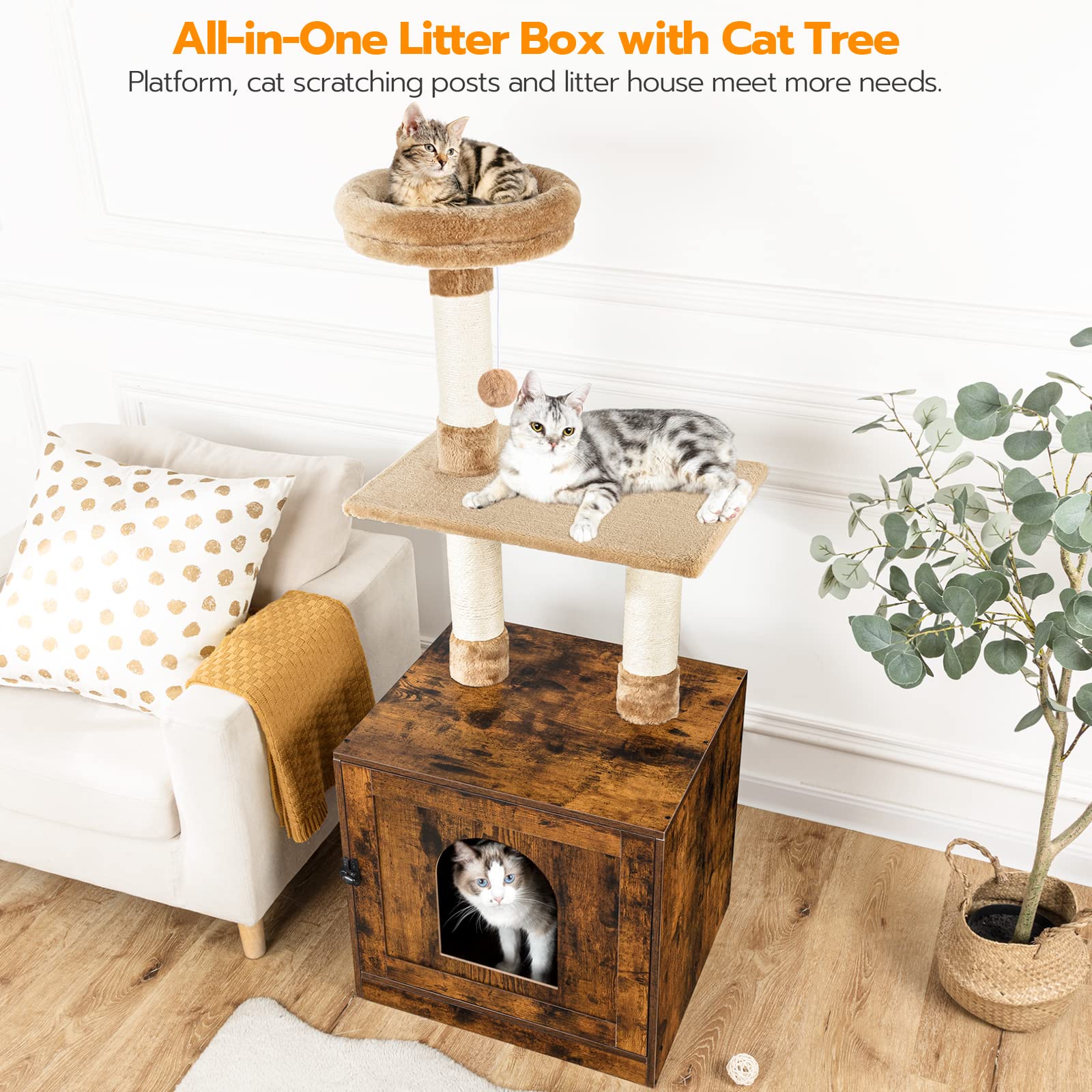 HOOBRO Litter Box Enclosure with Cat Tree Tower, Hidden Cat Washroom with Scratching Post and Soft Plush Perch, Wooden Cat Furniture, Indoor Pet Cabinet with Multiple Platforms, Rustic Brown  - WoodArtSupply