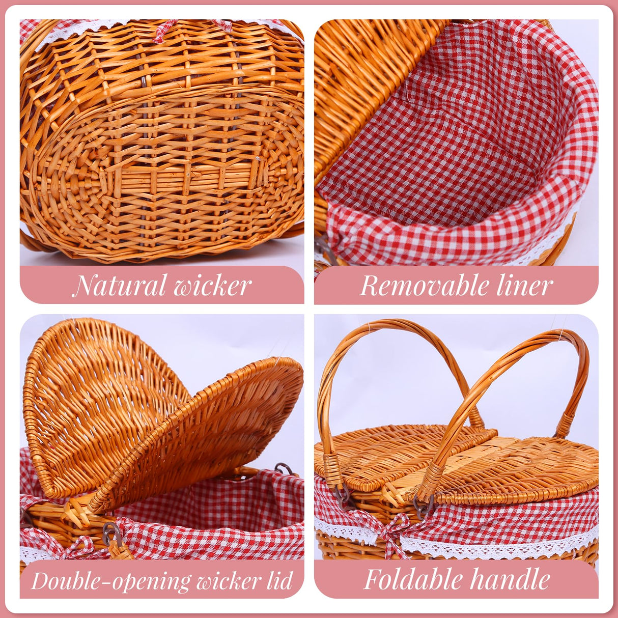 HYBDAMAI Wicker Picnic Basket Set for 4 with Lid and Handle Picnic Hamper with Washable Lining and Cutlery Set for Outdoor, Camping, Halloween, Christmas, and Birthday HYBDAMAI