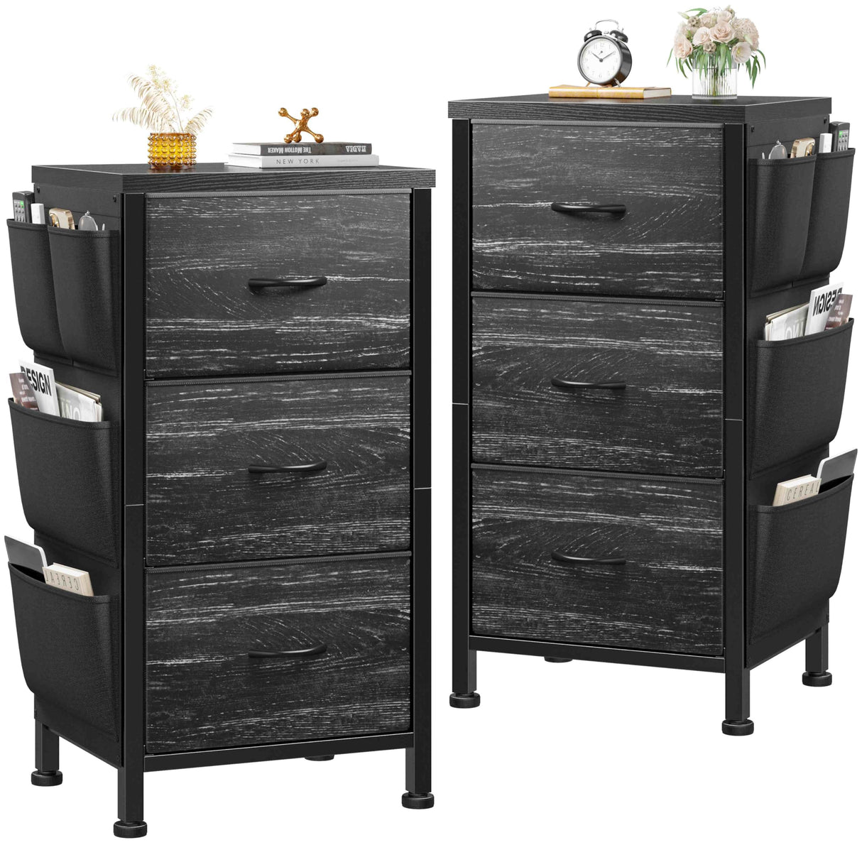 EnHomee Nightstand Set of 2, Night Stand with 3 Drawers for Bedroom, Bedside Table with Wooden Top, Sturdy Steel Frame End Table, Small Dresser for Bedroom, Living Room, Black EnHomee