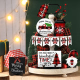 Jetec 12 Pcs Christmas Tiered Tray Decor - Red & Black Buffalo Plaid, Snowflake, Tree, Gnome, Truck - Wooden Signs - Farmhouse Decoration Centerpieces Christmas Decor for Home, Table, Shelf Jetec