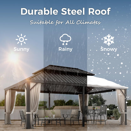 MIXPATIO 14' x 20' Hardtop Gazebo, Galvanized Steel Metal Double Roof Gazebo,Permanent Outdoor Metal Pavilion with Curtain and Netting for Deck, Backyard, Patio, Lawns - WoodArtSupply