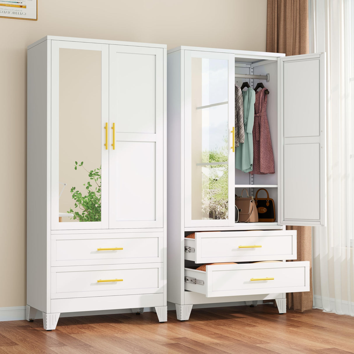 winiowa Metal Armoire Wardrobe Closet with 2 Drawers, 71" Wardrobe Cabinet with Adjustable Shelves and Hanging Rod, Clothing Storage Cabinet Closet with Mirror for Bedroom-White winiowa