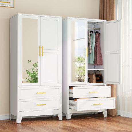 winiowa Metal Armoire Wardrobe Closet with 2 Drawers, 71" Wardrobe Cabinet with Adjustable Shelves and Hanging Rod, Clothing Storage Cabinet Closet with Mirror for Bedroom-White winiowa