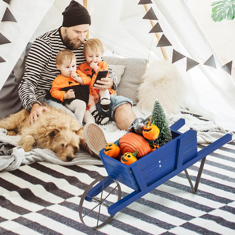 Giantex Wooden Wagon Planter, Small Wheelbarrow Wagon Flower, Indoor & Outdoor Raised Bed W/ 9 Magnetic Accessories, Wheel, 2 Handle, Wood Flower Cart Planter for Garden Backyard Holiday (Blue) Giantex