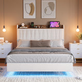 IDEALHOUSE Queen Floating Bed Frame with LED Lights & Charging Station, Upholstered Platform Bed with Storage Headboard, Wood Slats Support, No Box Spring Needed, Easy to Assemble, White IDEALHOUSE