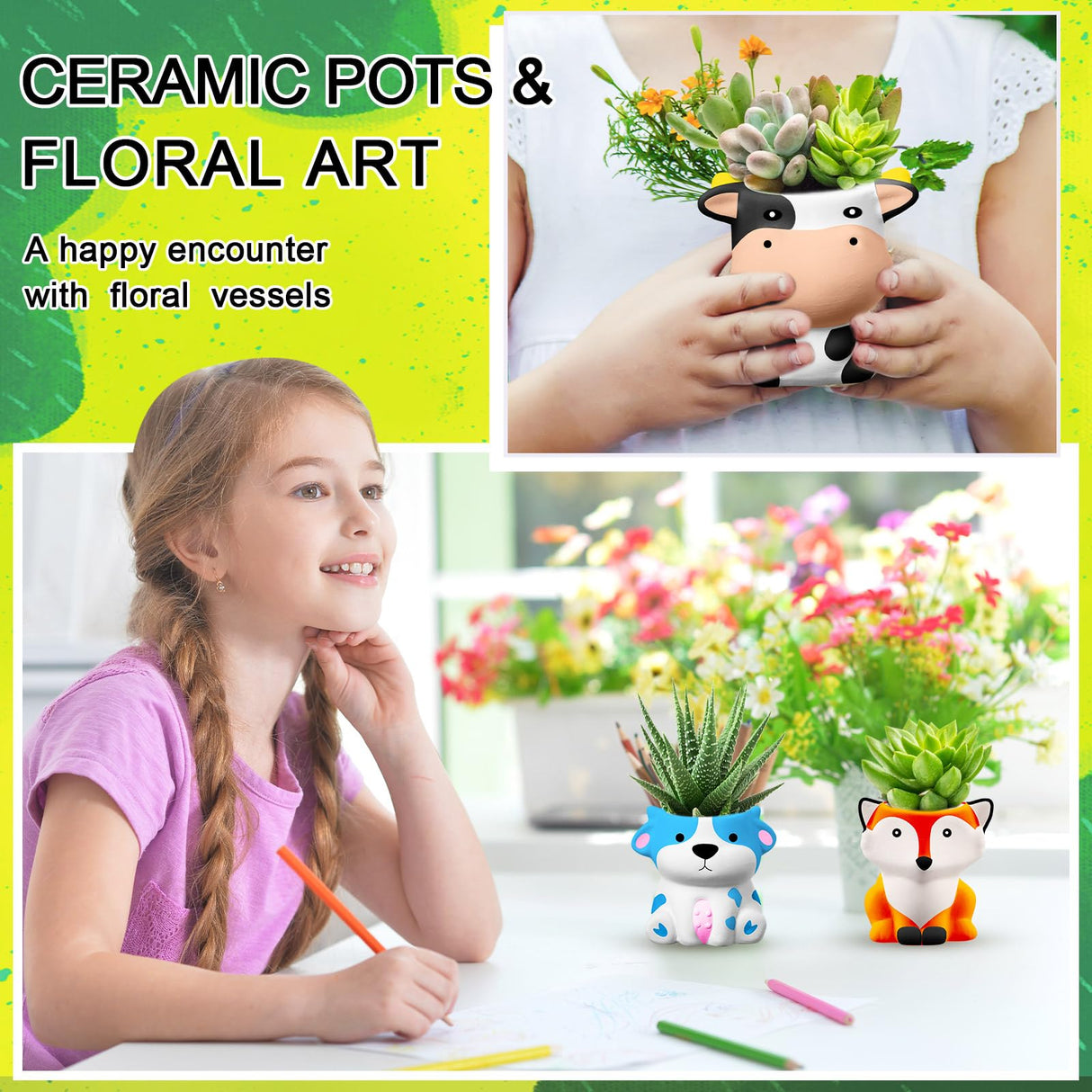 Hushee 12 Sets DIY Ceramic Succulent Pots Ready to Paint Animal Planters Unpainted Plant Flower Pots Bulk with Drainage Hole and Bisque Paint for Kids Adults Craft Christmas Hushee