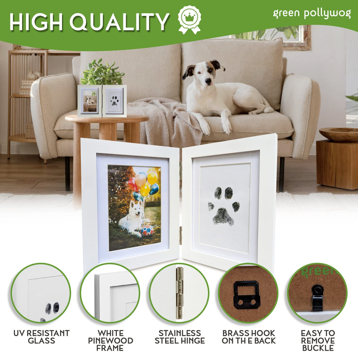 Green Pollywog | Paw Print Pet Keepsake Hinge Photo Frame + Ink Pad Kit | Dog Paw Print Kit | Extra-Large Ink Pad Included | 4 x 6 Picture Openings Green Pollywog