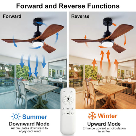 BOJUE 42 Inch Black Ceiling Fans with Lights and Remote,3 Color LED Light,Quite Reversible DC Motor,Memory Function,Modern Solid Wood Indoor Outdoor Ceiling Fan with light for Farmhouse Bedroom Patio BOJUE
