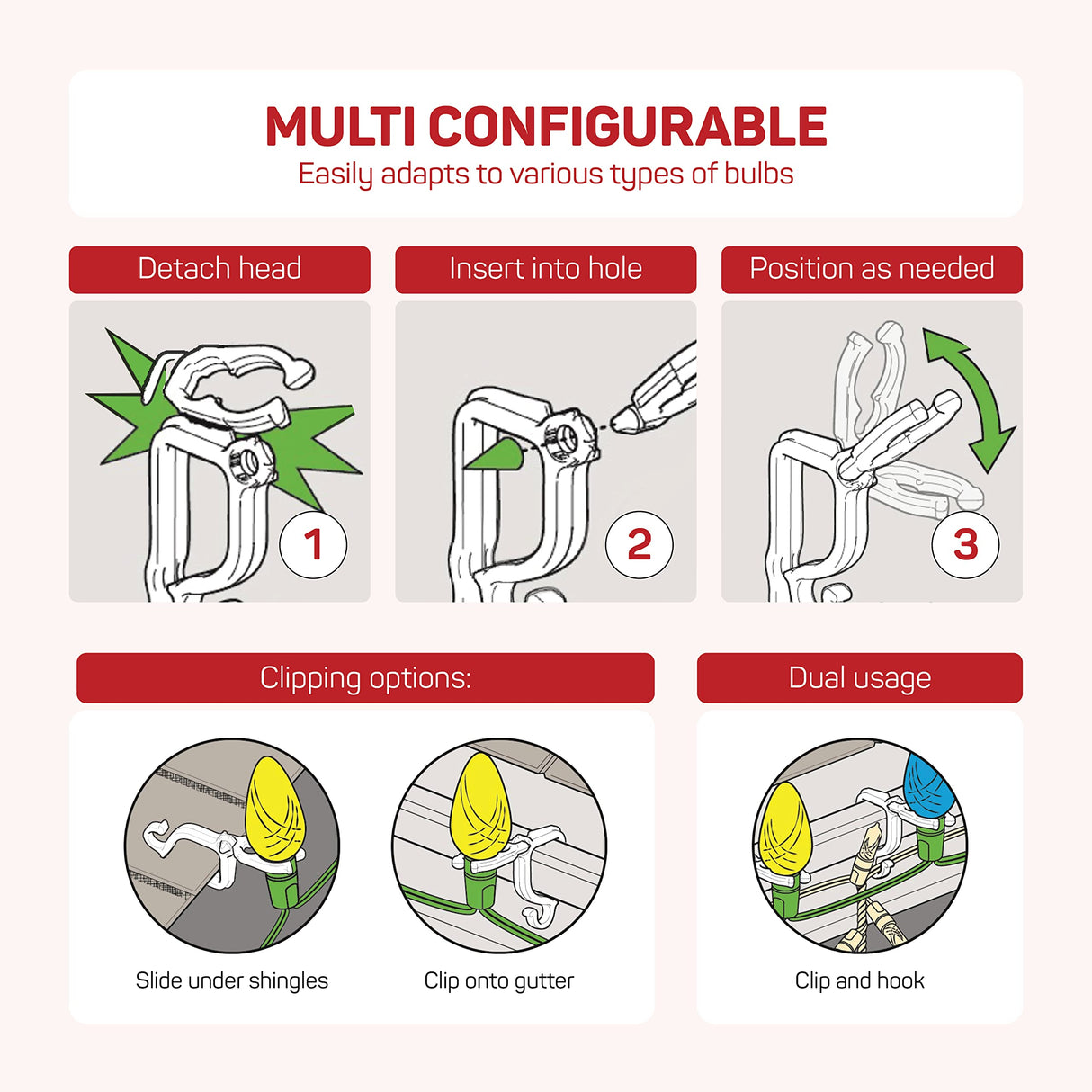 All-Purpose Holiday Light Clips [Set of 400] Christmas Light Clips, Outdoor Light Clips - Mount to Shingles & gutters - Works with Mini, C6, C7, C9, Rope, Icicle Lights - No Tools Required - USA Made SEWANTA