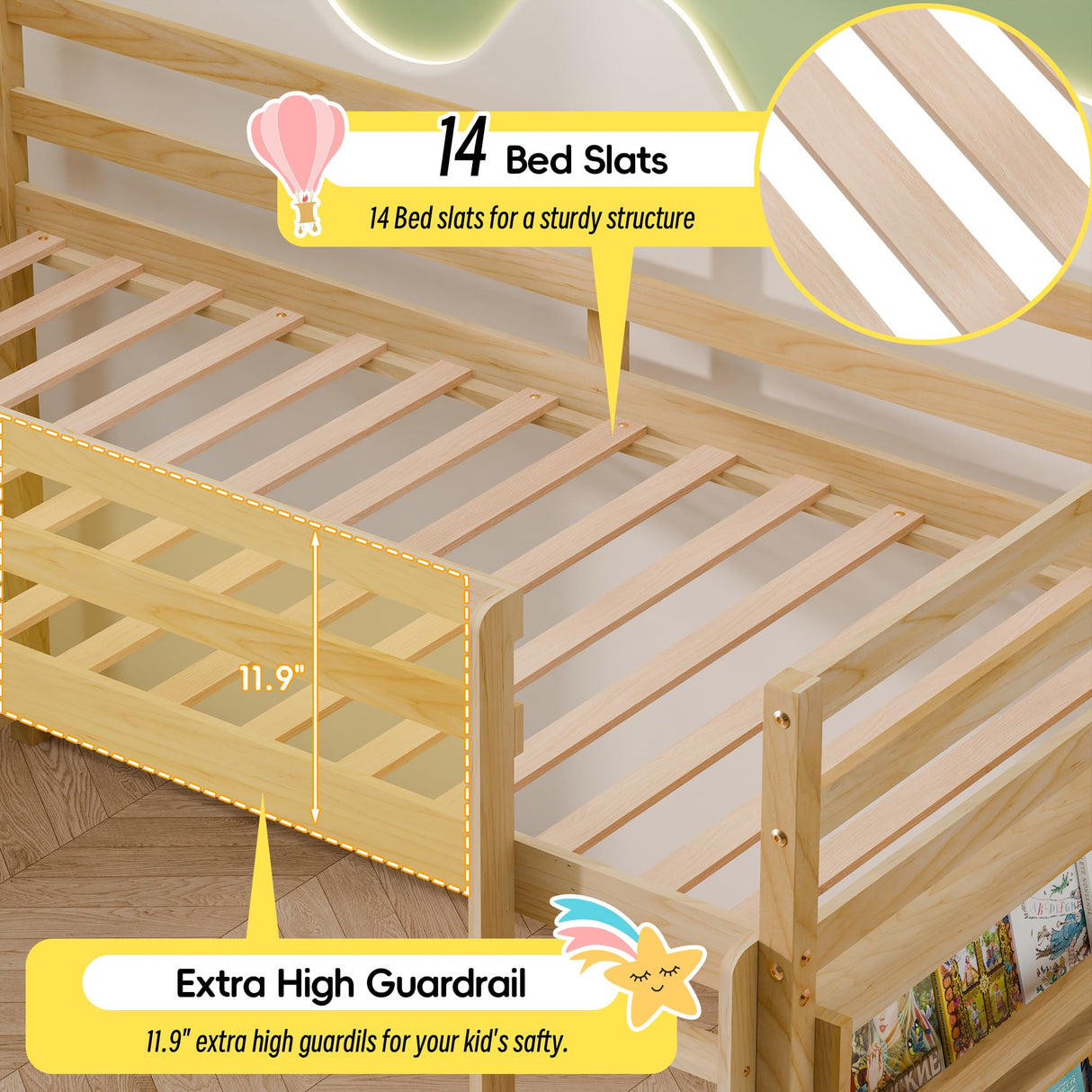 Xilingol Low Bunk Bed for Kids, Floor Bunk Bed Twin Over Twin with Bookshelves & Full Guardrails, Wooden Twin Bunk Bed Frame for Bedroom, Dorm, Boys, Girls, Children, Toddler (Natural) Xilingol