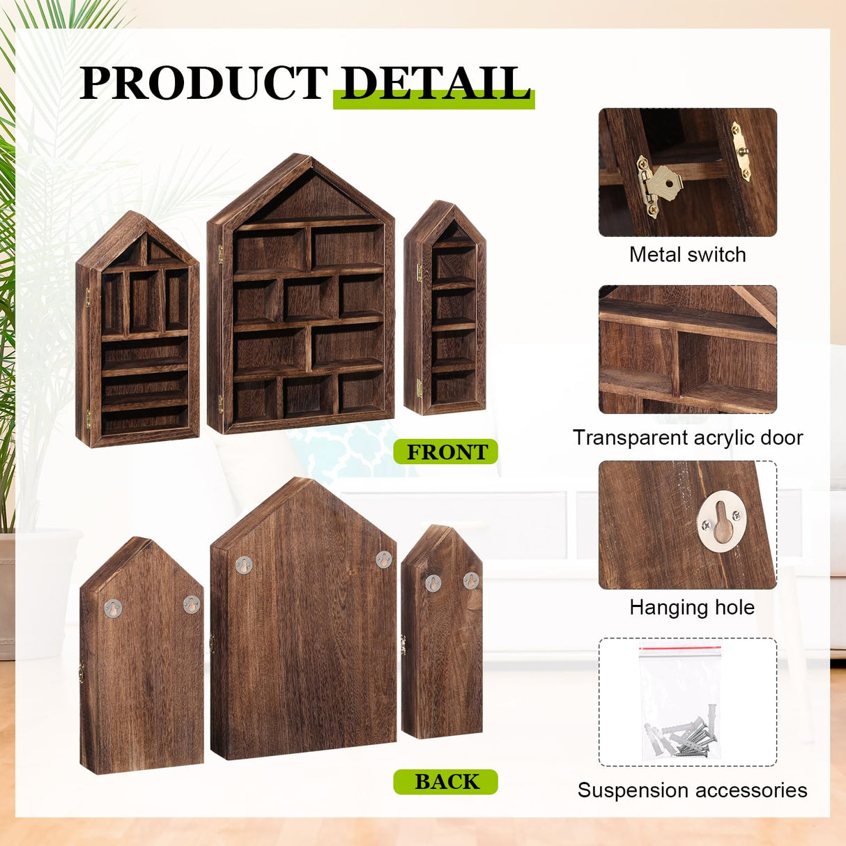 DoubleFill Set of 3 Shadow Cubby Boxes Wooden Display Shelf 10 x 15 Inch Large Wall Mounted Display Storage Shelves for Mini Figures Curio Trinket Medals Crafts Collections(Brown,House Shape) DoubleFill