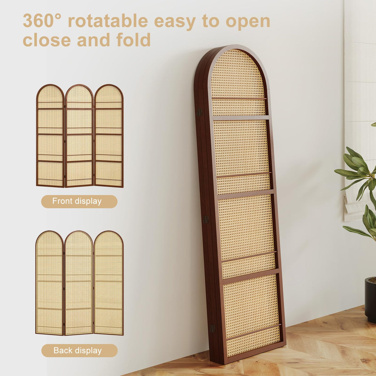 Rattan Room Divider with Bookshelf,Foldable Privacy Screen Partition,Wooden Frame,Natural Portable for Living Room,Bedroom Home,Office Reading Nook (Walnut, 3 Panels) Svimi