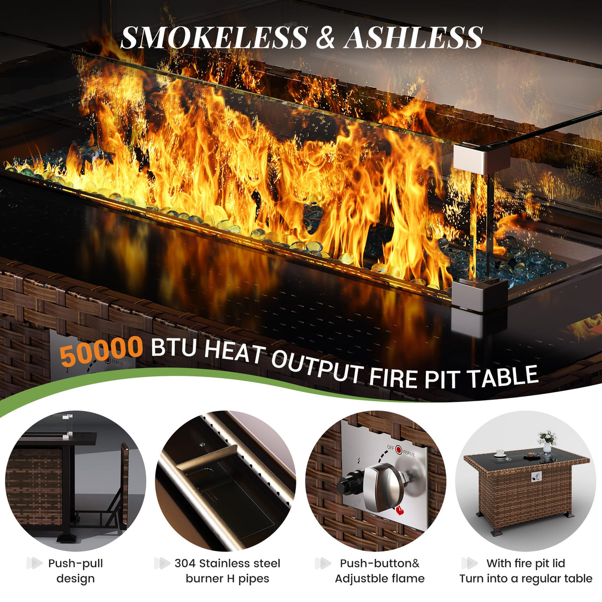 Amopatio Patio Furniture Set with Fire Pit Table, 6 Pieces Outdoor Oversized Sectional Couch Wicker Patio Armrest Sofa, 44" Fire Pit Conversation Sets with Storage Table, Waterproof Cover (Navy) Amopatio