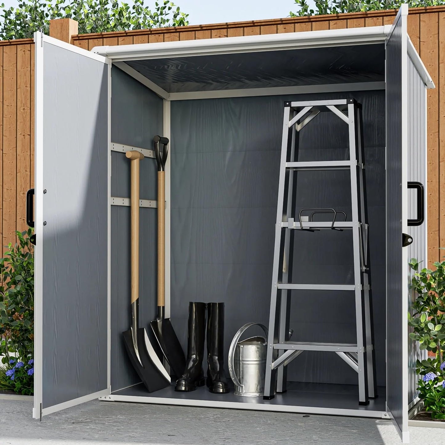 5x3 FT Outdoor Resin Storage Shed with Floor,Waterproof Tool Shed with Sloping Roof and Lockable Doors for Bikes,Patio Furniture,Garden Tools,Grey