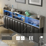 Halitaa LED Queen Bed Frame with Charging Station and Upholstered Bookcase Headboard in Wash Grey Halitaa