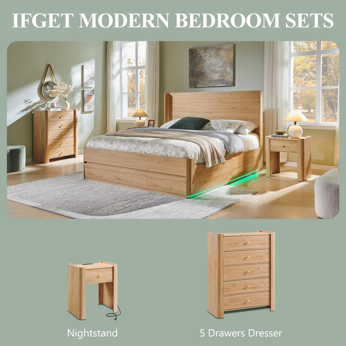 IFGET Modern 5 Drawer Dresser for Bedroom, Wooden Chest of Drawers with Curved Profile Design, 39.6" Tall Wood Dresser with Golden Metal Handle for Bedroom, Living Room, Hallway, Natural IFGET