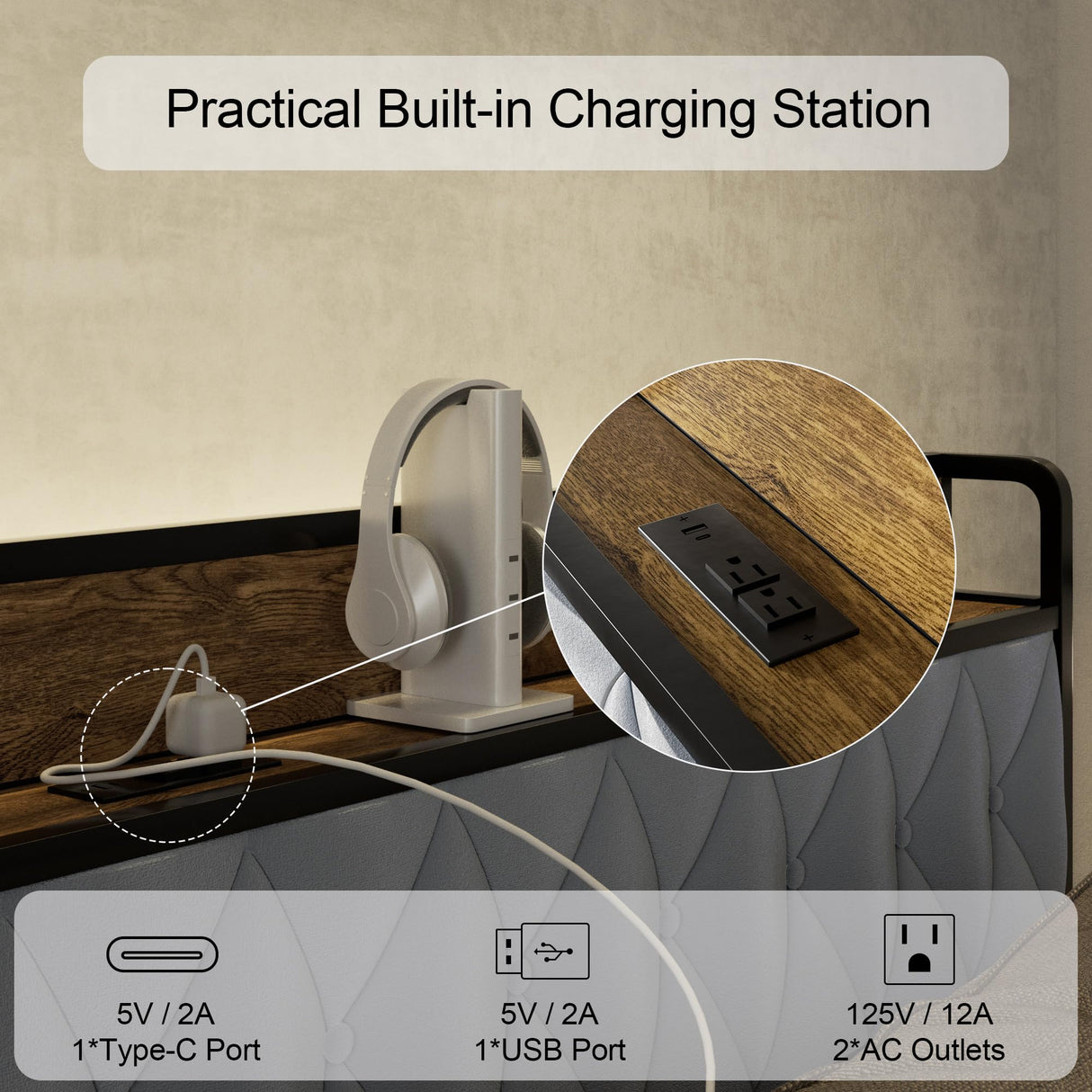 HAOARA Full Size Metal Platform Bed Frame with 2 Storage Drawers & LED Light, Velvet Button-Tufted Headboard with Outlet & USB Charging Port, Heavy Duty, Brown Wooden Panel, No Box Spring Needed HAOARA