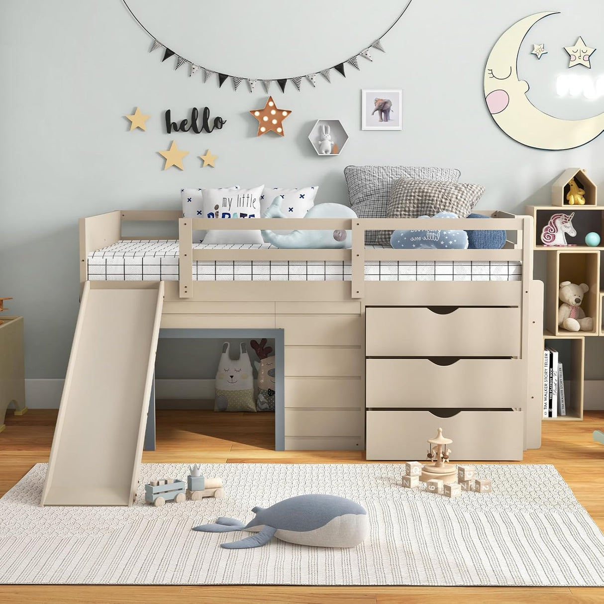 KOMFOTT Twin Low Loft Bed with 3 Storage Drawers & Underneath House, Wood Loft Bed with Slide, Ladder, Guardrails & Under-Bed Play Space, Kids Twin Loft Bed for Girls & Boys, No Box Spring Needed KOMFOTT