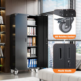 METALYEYE 72" H Metal Storage Cabinet with 2 Doors and 4 Adjustable Shelves, Garage Storage Cabinet with Wheels for Garage Home Storage, Required-Assembly (Black) METALYEYE